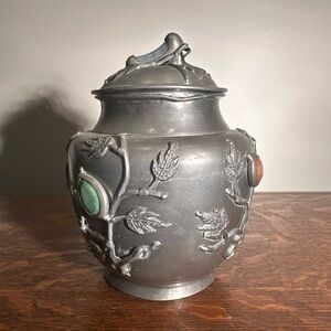 Antique Pewter Lidded Ginger Jar With Jade ‘handle’ Semi-Precious Stone Inlay